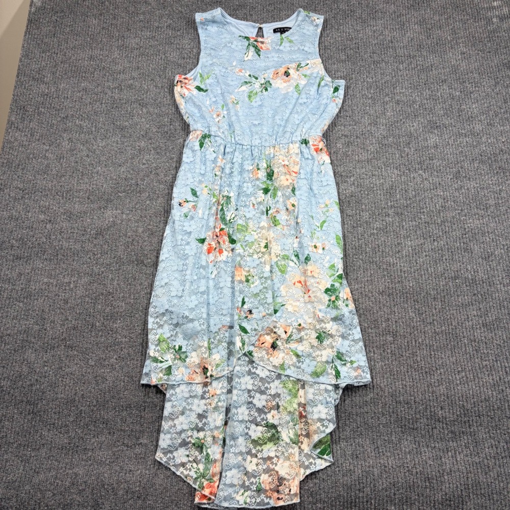 As U Wish Dress Womens M Blue Floral Lace High Low Sleeveless Dress